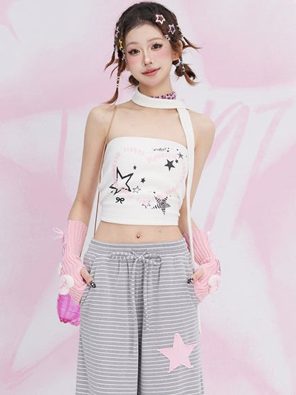 Black/White Stars Print Strapless Top with Free Scarf