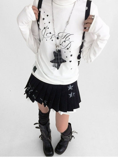 Black star print layered pleated mini skirt from innomoood
