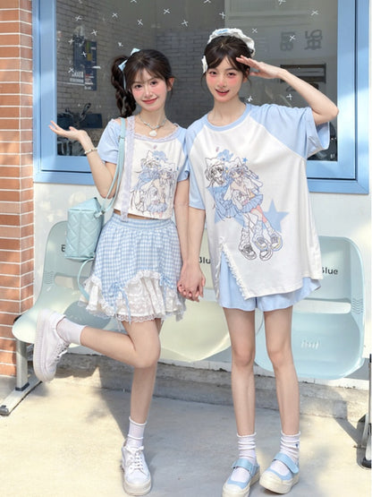 ライトブルーデザイン アニメガールプリントTシャツ カラーブロック ショート/ロングバージョン