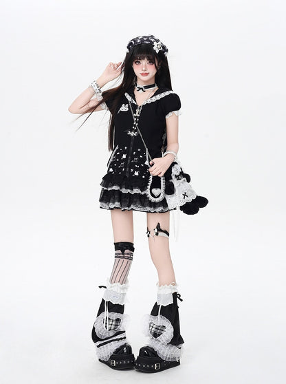 Jirai Trim Bunny Ears Design Hood Lace Kei Black/White