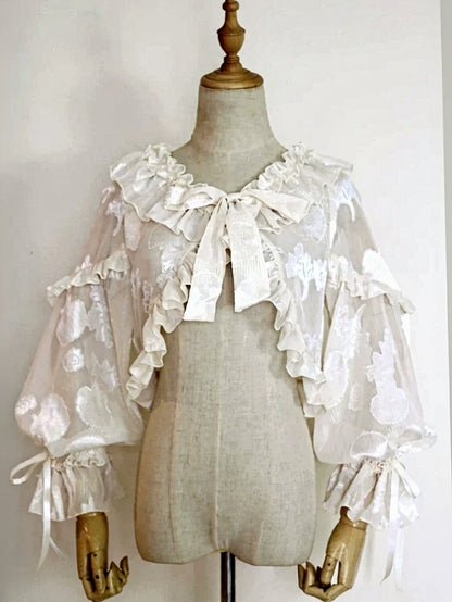 Beige Ruffle Trim Lolita Coat with Balloon Sleeves and Bows - Time Memory