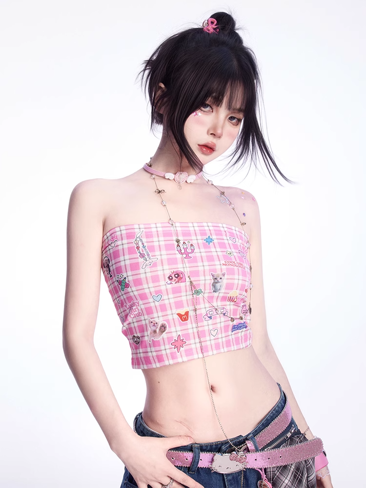 ストラップレストッププリントのかわいい子猫のステッカー付きピンクチェック柄クロップド丈