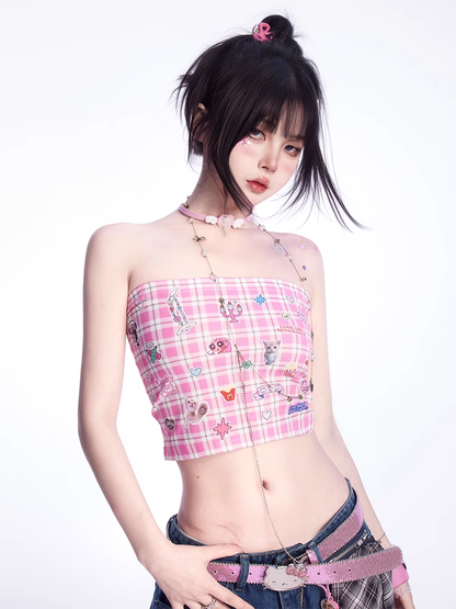 ストラップレストッププリントのかわいい子猫のステッカー付きピンクチェック柄クロップド丈