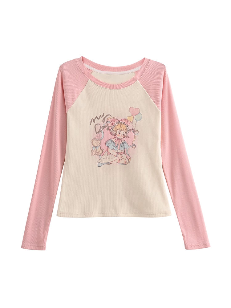 Top and Pink Slim-fitting Cartoon Girl Print Apricot Colorblock Design
