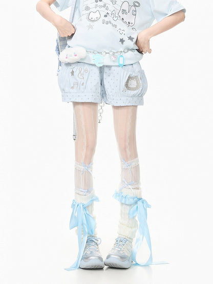 Blue Polka Dot Shorts with Kitty & Music Embroidery - Languid Park