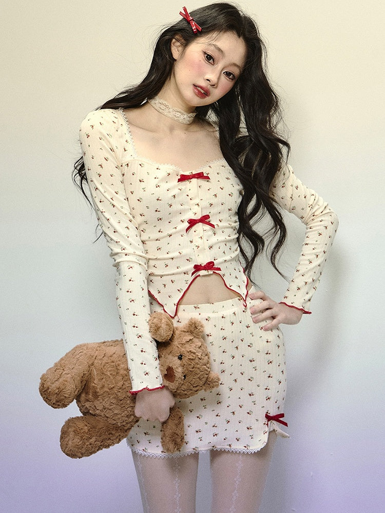 アプリコット花柄ハイウエストミニスカート