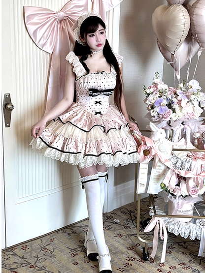 Polka Skirt Tiered Black Pink Waist Basque Sweet Dots Dress