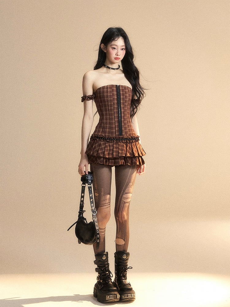 Trägerloses Kleid, Faltenrock, gestuft, glamourös, Mini, Latte, Kakaobraun, kariert