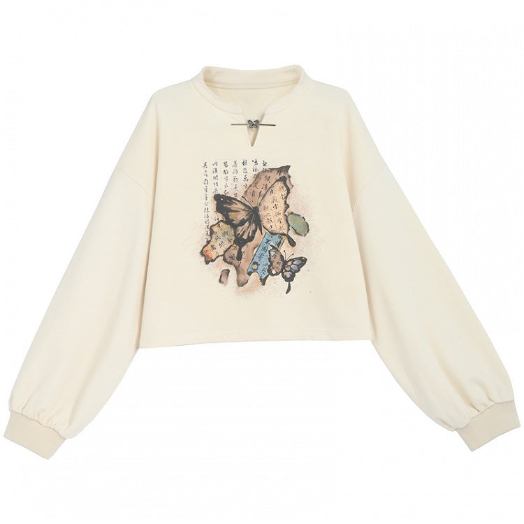 Gebänderter Sweatshirtkragen Schmetterlingsstil Cheongsam-Druck Schwarz/Apricot
