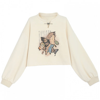 Banded Butterfly Print Sweatshirt Collar Style Cheongsam Black/Apricot