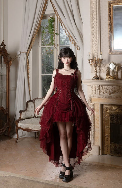 Layered Red Boned Corset Lolita + Top High-low Skirt Tulle Classic