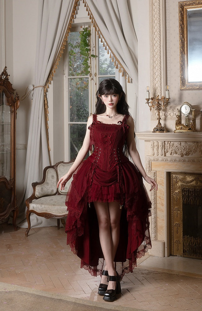 Red Classic Lolita Corset Top with Layered Tulle Skirt - Caramelantike