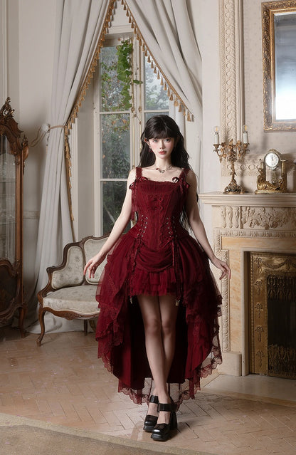 Red Classic Lolita Corset Top with Layered Tulle Skirt - Caramelantike