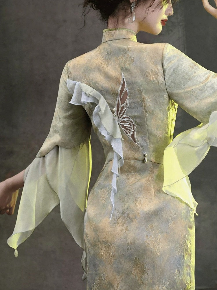 Green Chinese-Style Qipao Dress with Bow Embroidery, Cutout Design & Ruffle Accents - sijinstudio