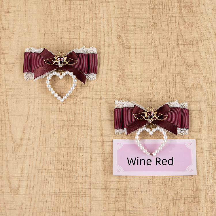 Red Pink/Wine Bow with Heart Rhinestone Angel-Inspired Jirai Lace Kei Hairclips Charms Black/Dusty