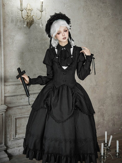 Striped Version Gothic Ruffle Drawstring Long Black Design Skirt with Lolita