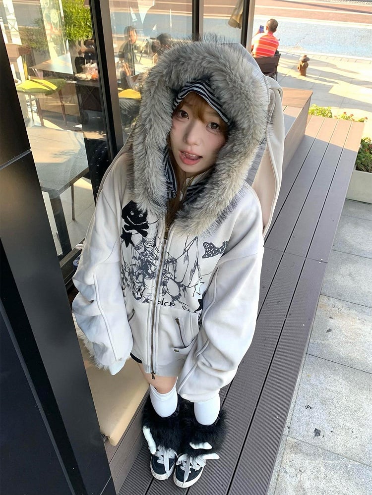 for Ear Y2K Jacket Khaki Hooded Zip-Up Rabbit Spring Hoodie