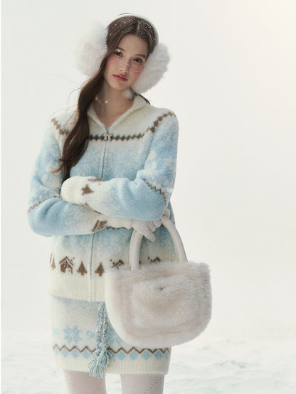 Sweater BlueWhite Pattern with Snowman Details Kawaii