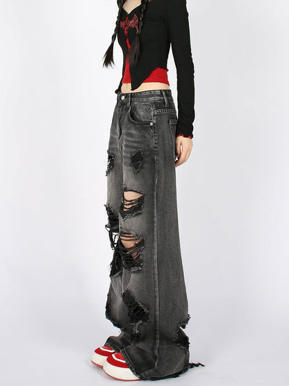 Black Distressed with Wide-Leg Low Wash Faded Waist Jeans