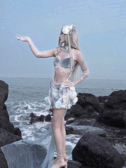 ダスティデタッチャブルキャミソール、アップリケ付き、ブルーレースチェーン、ベルベットビーズ