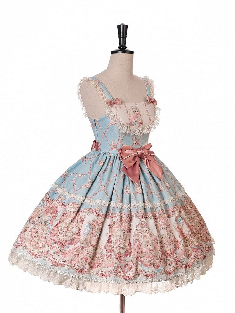 Blue and Pink Sweetheart Doll-Themed Lolita JSK with Toy Bed Print, Bow and Lace Accents - Alice Girl