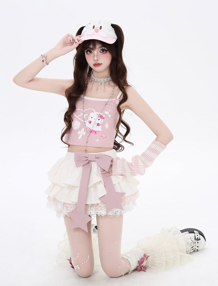 トリムボウ裏地ティアードスカートアプリコットレースピンク総柄ボウノットプリントビッグ