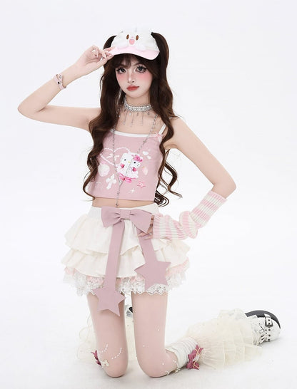 トリムボウ裏地ティアードスカートアプリコットレースピンク総柄ボウノットプリントビッグ