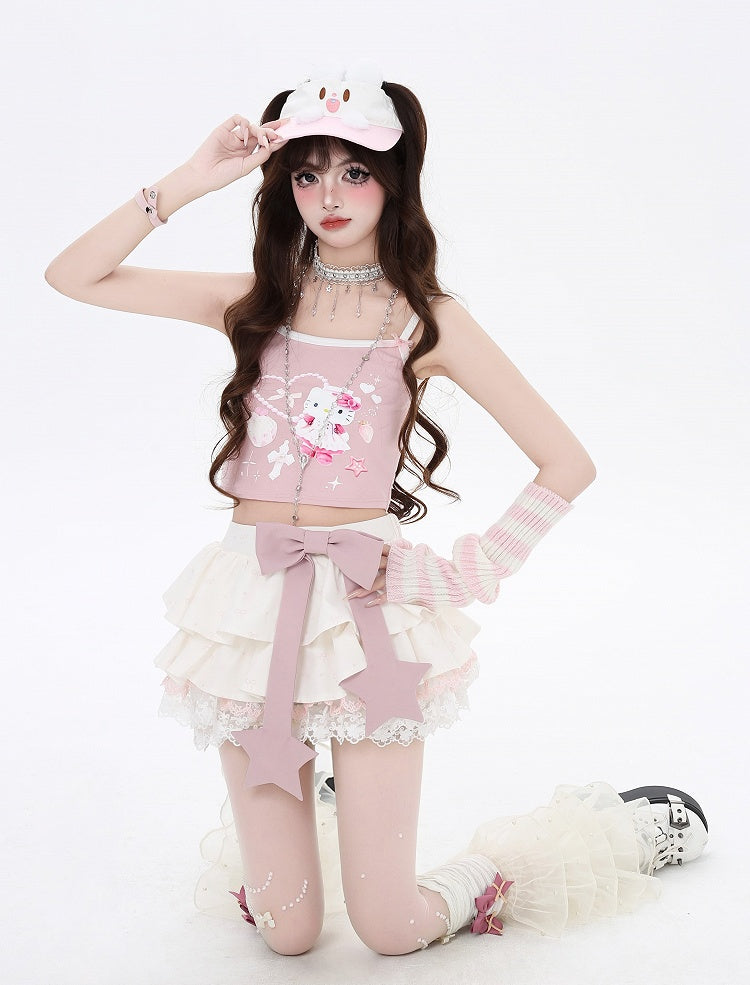 Big Pink Lined Tiered Skirt Apricot Bow Trim Allover Bowknot Print Lace