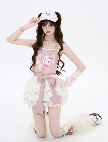 Big Pink Lined Tiered Skirt Apricot Bow Trim Allover Bowknot Print Lace