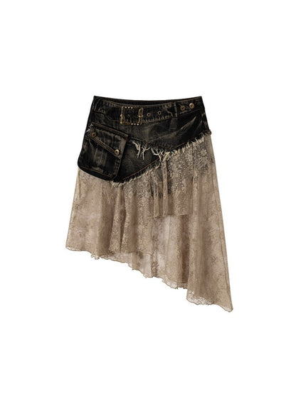 Punk Hem Lace with Denim Asymmetric Distressed Adjustable Back Belt Skirt