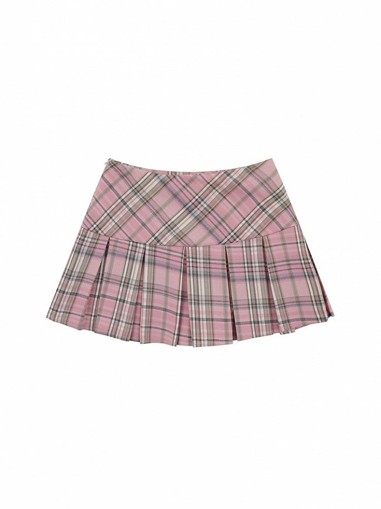 Plaid Lined Pleat Preppy Zipper Style Side Box A-Line Silhouette Pink with Skirt Mini