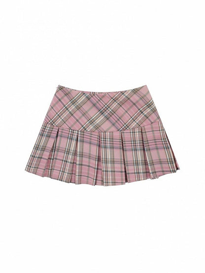Plaid Lined Pleat Preppy Zipper Style Side Box A-Line Silhouette Pink with Skirt Mini
