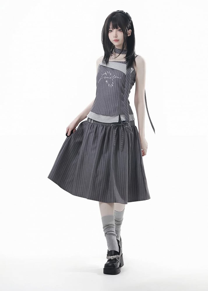 Detachable Dark Preppy Light Gray Faux Scarf with Two-Piece | Stripe Camisole