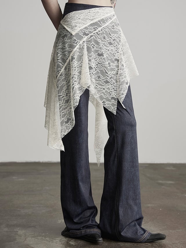 Goth Skirted Urban Denim-Like Pants Cincher Asymmetrical White Blue Lace Flared with Waist Dark