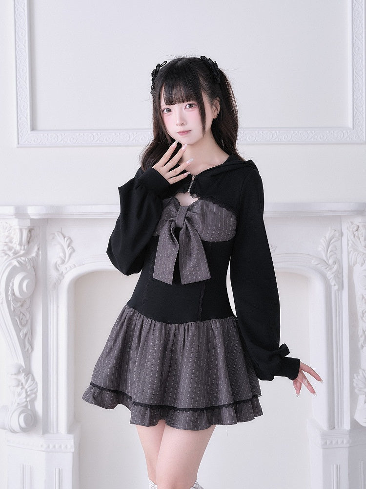 Long Design Sleeve With Black Hooded Jirai And Dress Kei Gray Striped