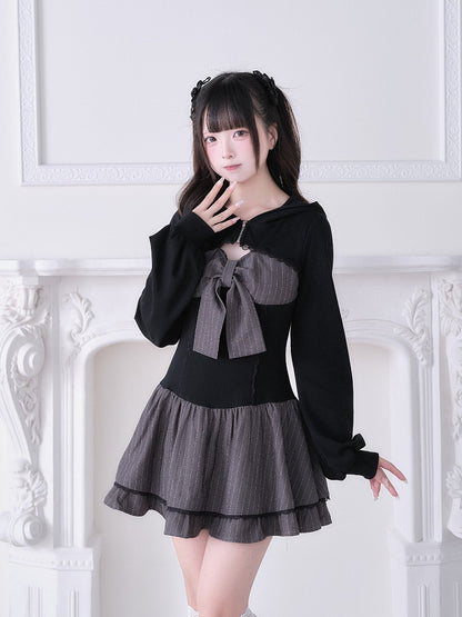 Long Design Sleeve With Black Hooded Jirai And Dress Kei Gray Striped
