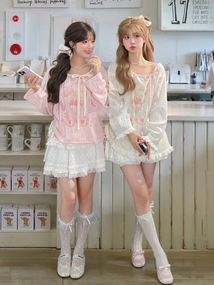 Pink/White Asymmetrical Neckline Drawstring Waist Teddy Bear Top