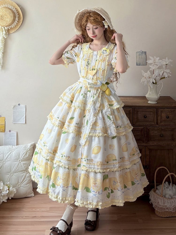 Short Front Lemon Sleeves Button Tiered Lolita Print Placket Skirt Dress White Chick and