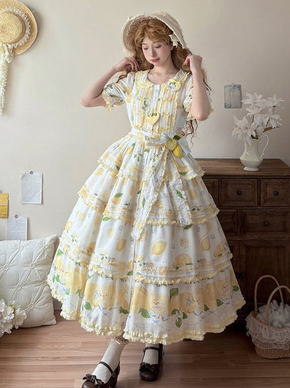 Short Front Lemon Sleeves Button Tiered Lolita Print Placket Skirt Dress White Chick and