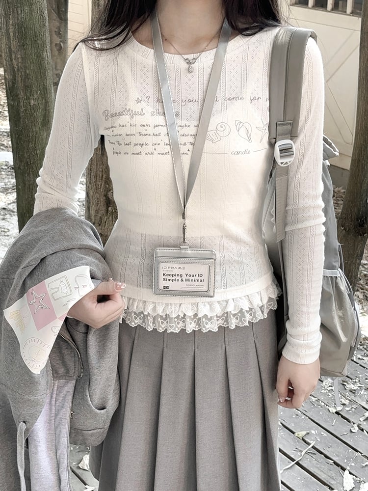 ホワイトレーストリムラウンドネックグラフィックTシャツ