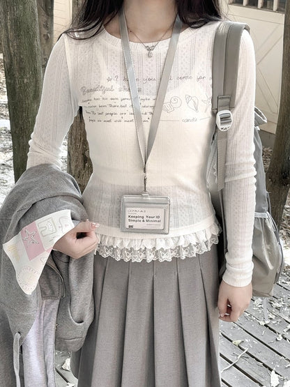 ホワイトレーストリムラウンドネックグラフィックTシャツ