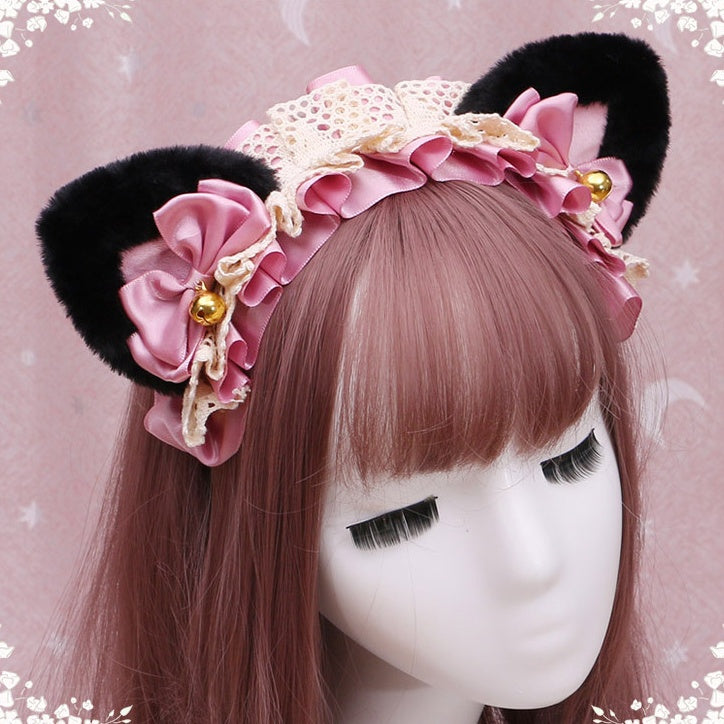Decorated Lace Lolita Pink with KC Kitty Colors Playful 4 Plush Bow Bell Ears Black