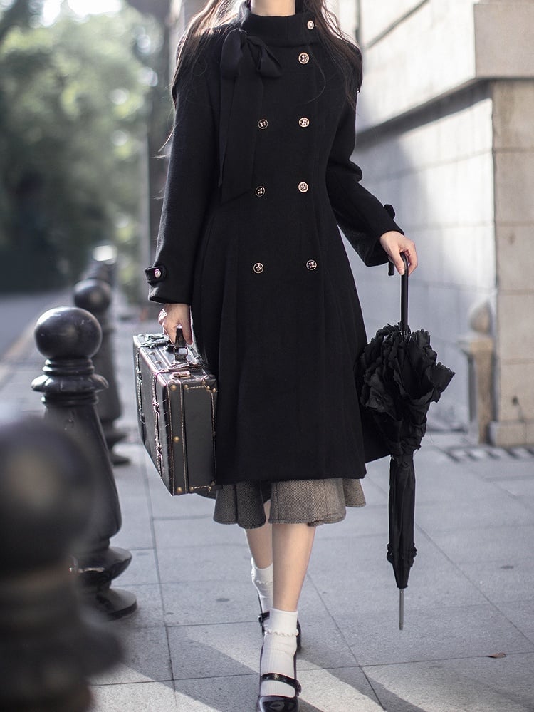 Black Coat Swing Double-breasted Elegant
