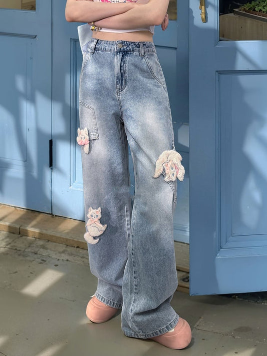 mit abnehmbaren Kitty-Applikationen Blaue Wide-Leg-Jeans Kurze/Lange Version