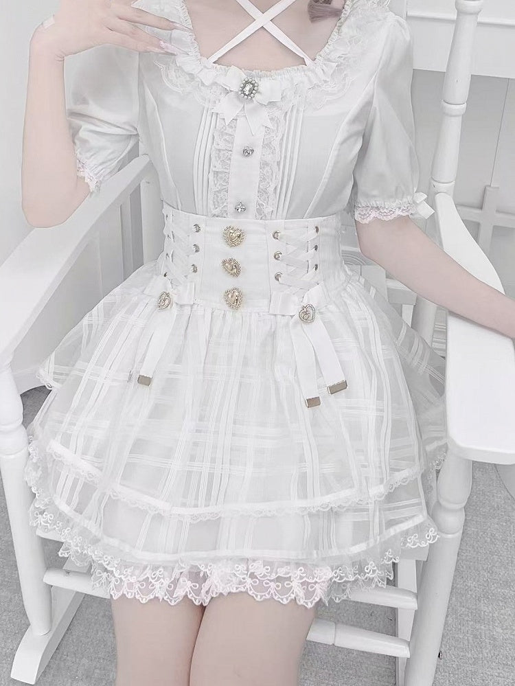 Blouse Halter White Jirai Rhinestones Details Heart-Shaped and Pleating Kei with Criss-cross