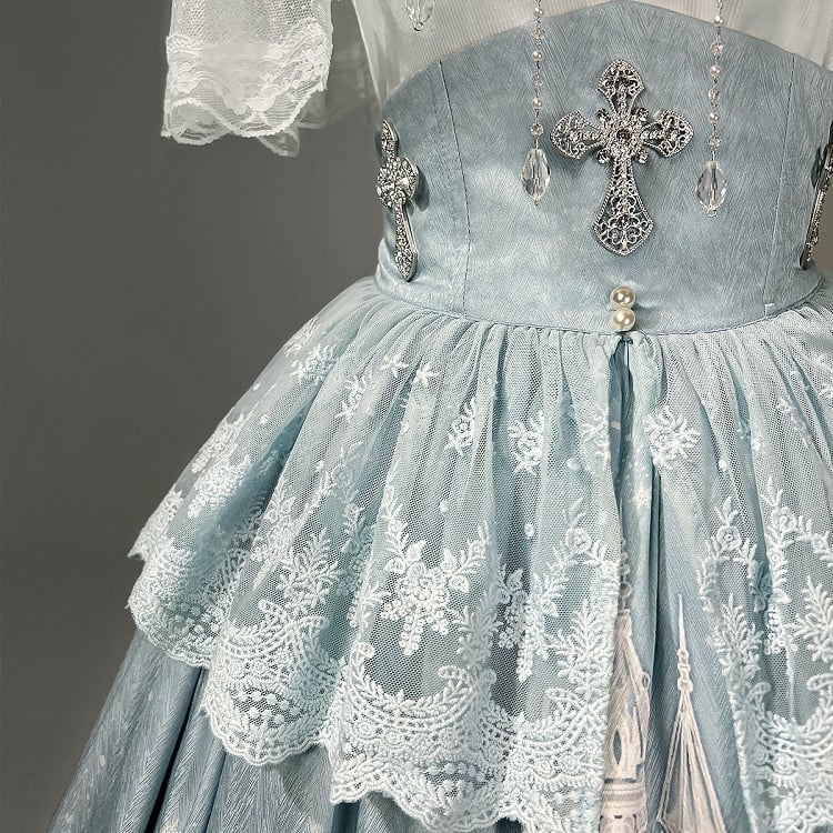 Weißer Rock mit hoher Cape-Taille, Top, Camisole + Tüll-Print, Castle Blue