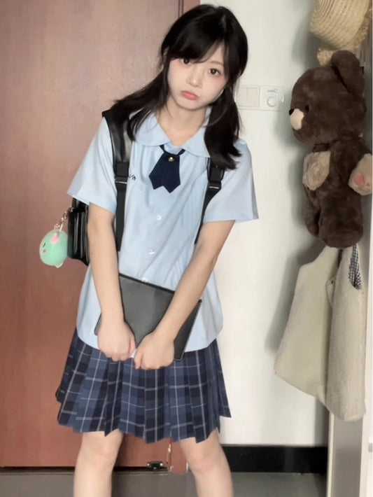 Style Short Preppy Pan White/Blue Peter Shirt Sleeves Version Pleating Details Collar