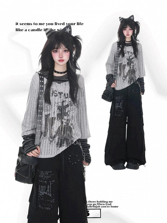 Round Sleeve Two-piece Long Rock Punk Neck Top Grey - Design
