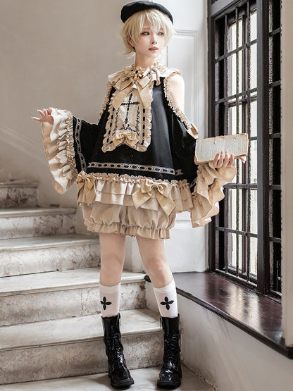 Black & Golden Cross Embroidery Cutout Shoulder Ruffled Ouji Lolita Top with Bloomers Set - Unknown Star