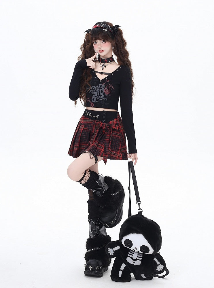 Black/White V-neck Buckle Strap Letter Print Cropped Top